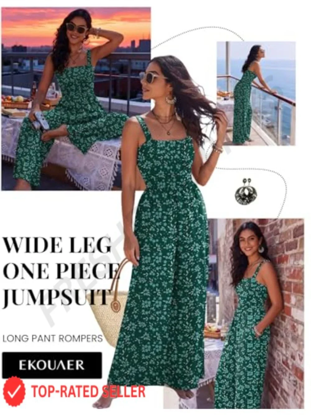 Sleeveless Wide Leg Jumpsuit Smocked Boho Romper with Pockets
